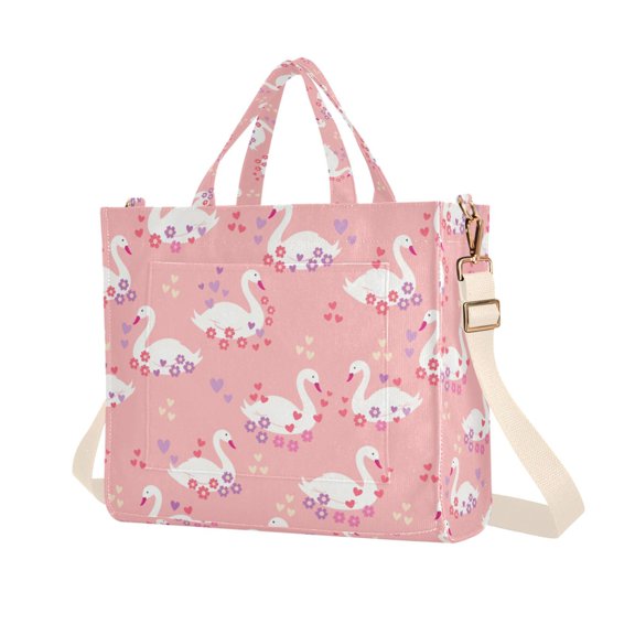 FORMRS Womens Corduroy Tote Bag Crossbody Shoulder Purse Handbag with Detachable Strap, Pink Cartoon Swans Pattern