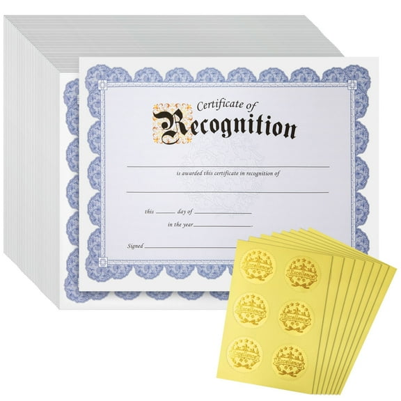 Best Paper Greetings Award Certificate Paper - 48 Sheets, 8.5 x 11 in, Blue Floral Border - Recognition Certificates with Lines & Sections, 48 Gold Foil Seal Stickers