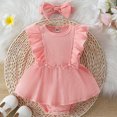 thumbnail image 4 of Gupgi Baby Girl Ribbed Romper Dress Summer Solid Ruffles Sleeveless Jumpsuit Bodysuit with Headband, 4 of 7