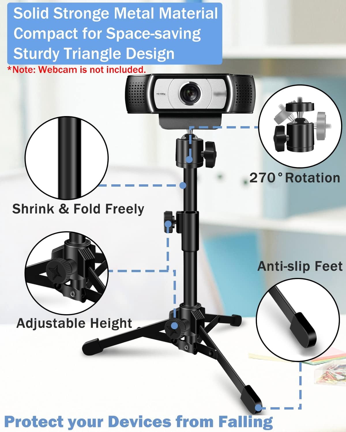Desktop Webcam Tripod Stand, Extendable Webcam Camera Stand Tripod for Logitech Stream Webcam C925e C922x C922 C930e C930 C920 C615 and Other Devices with 1/4" Thread