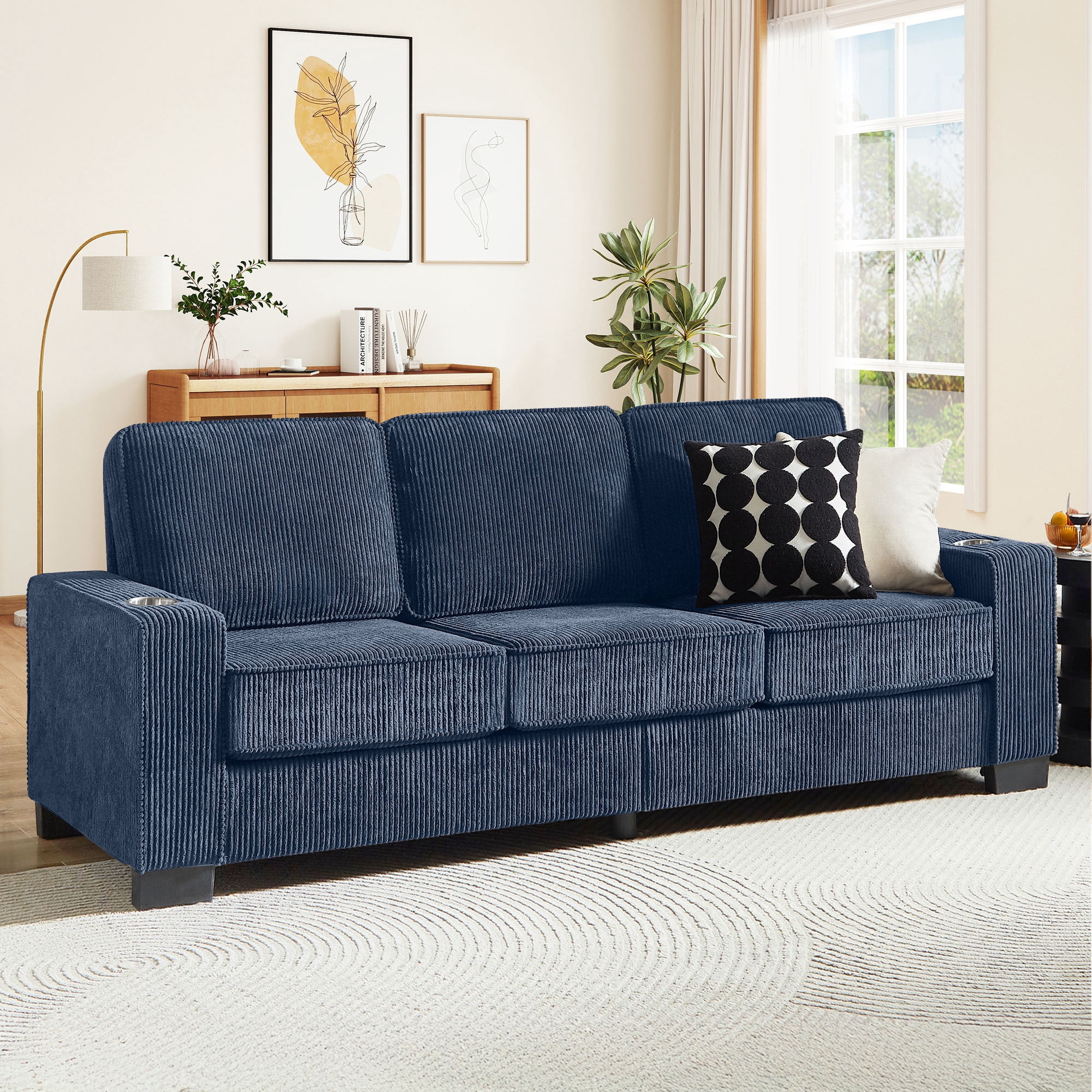 Lunale 83" Corduroy Sofa with Cup Holders, Modern 3-Seater Couch for Living Room, Apt., Blue