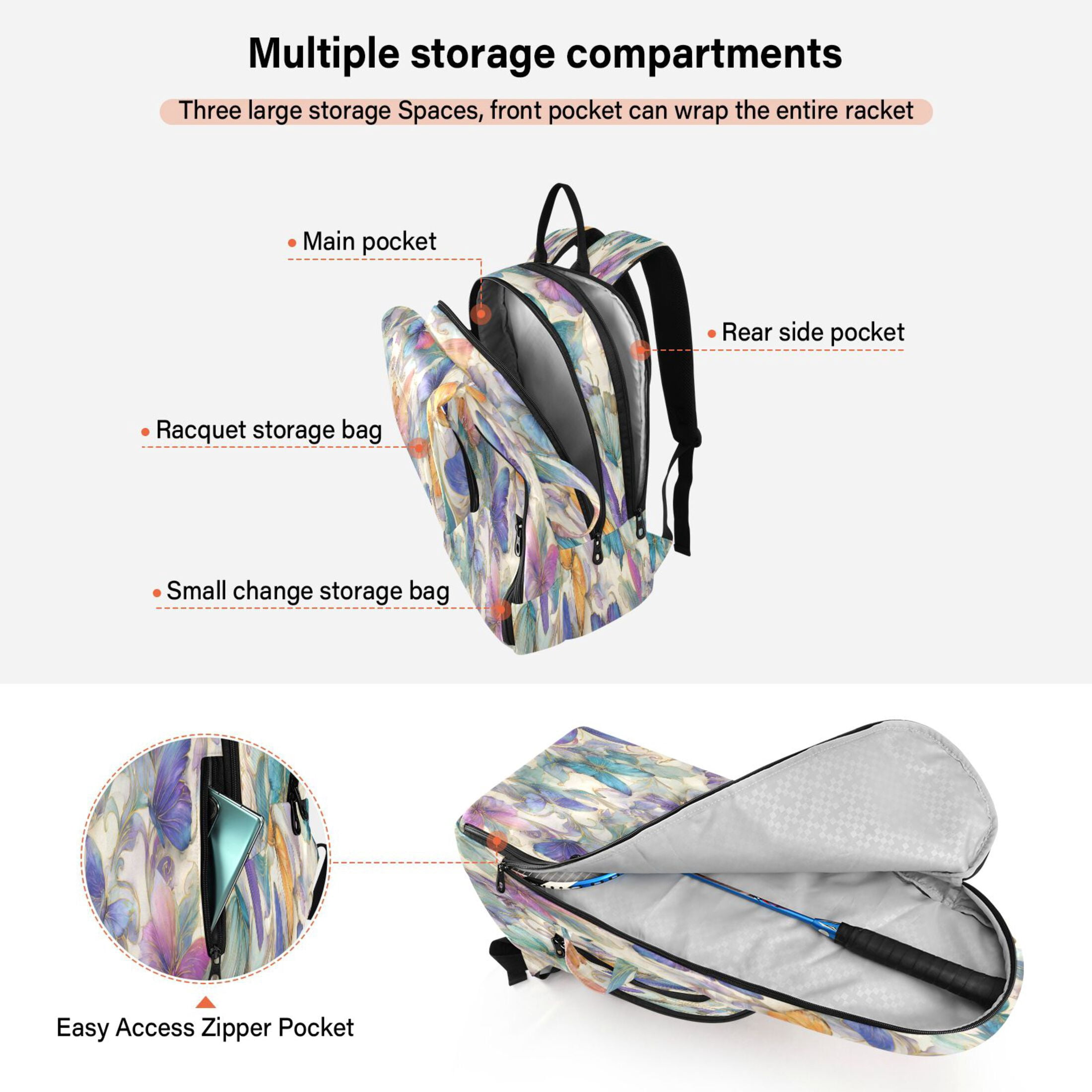 2 Racquet Holder Tennis Backpack Tennis Racket Covers Gym Bags Elegant Watercolor Butterfly Painting