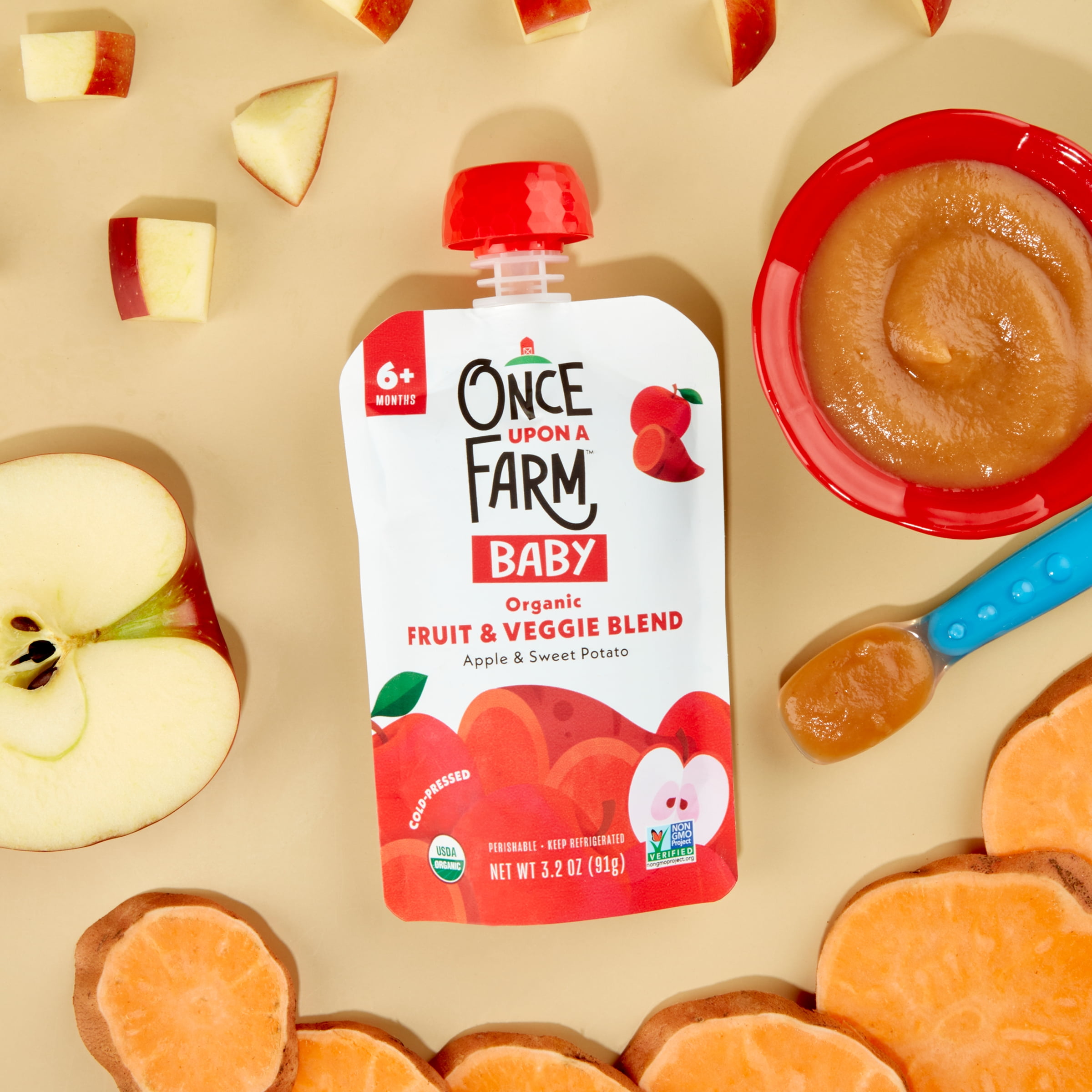 Once Upon a Farm Organic Refrigerated Baby Food Fruit & Veggie Blend Apple & Sweet Potato, 3.2oz Pouch