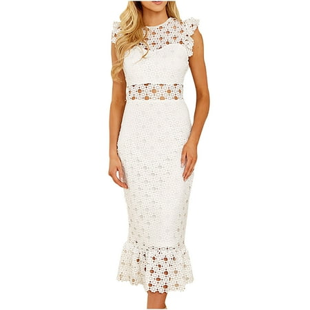Olyvenn Women s Summer Maxi Boho A-line Dresses Extra Long Sleeveless Cocktail Dress Lace Hollow Solid Sundress Crew Neck Babydoll Lace Splice Ruffled Flounce Hip Wrap Smocked Party White 10