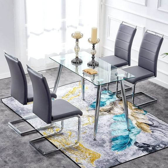 Modern 51 inch Transparent Dining Table and 4 Dining Chairs Set for Living Room Study Room, 4 Dining Chairs and a Transparent Dining Table Set (Transverse Stripe backrest Chairs with Table,Black)