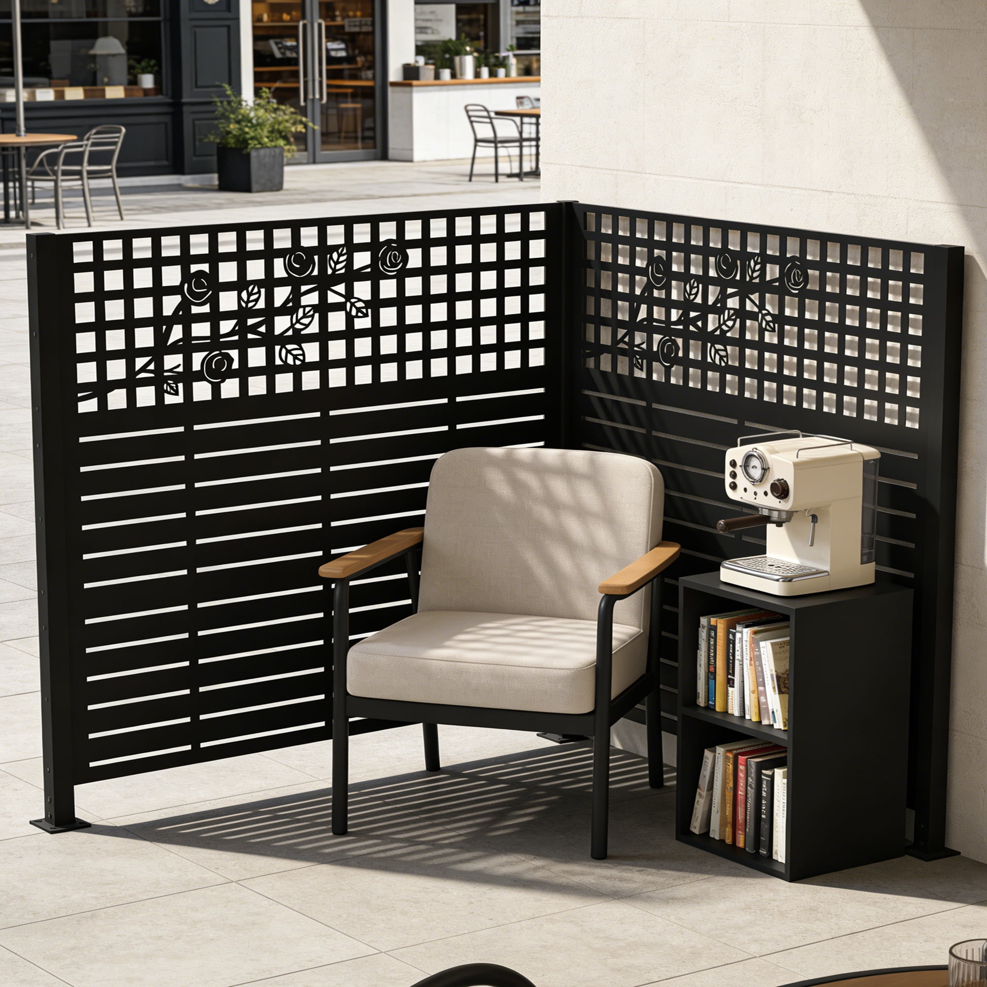 Mintazer 2 Panel Metal Privacy Screen with Rose Pattern, 48 x 47.3 inch Outdoor Air Conditioner & Trash Can Enclosure Fence, Black