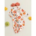 thumbnail image 5 of Elippeo Baby Girl Halloween Romper Pumpkin Print Long Sleeve Ruffled Zipper Jumpsuit with Headband 2 Pcs Set 3 6 12 18 Months, 5 of 10