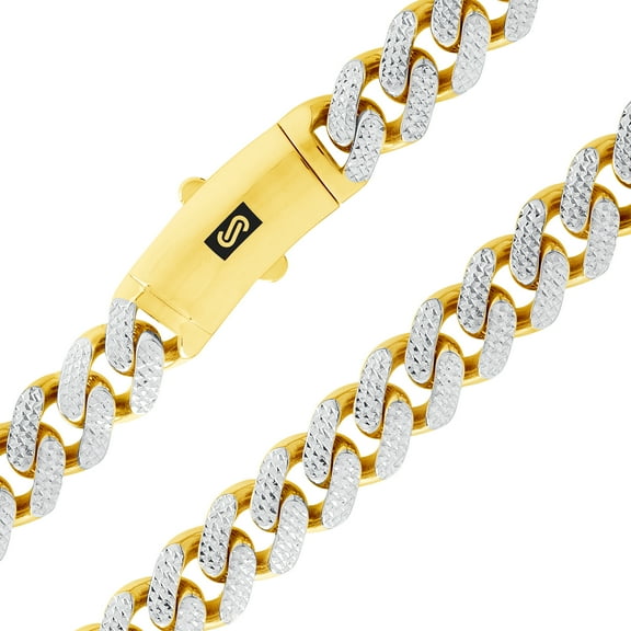 Nuragold 10k Real Yellow Gold Royal Monaco 13mm Miami Cuban Diamond Cut Pave Link Necklace (20"-30") Two Tone Italian Jewelry for Men