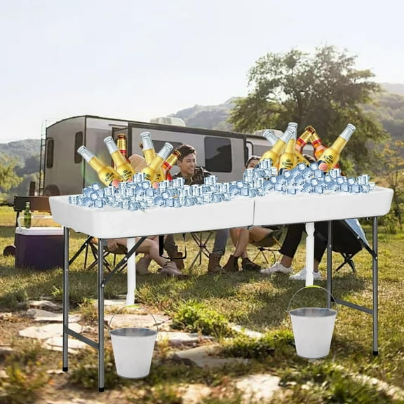 5 FT Ice Cooler Folding Table with Drain&Grid Frame, Portable Tailgate Camp Fishing Cleaning Table, Ice Table for Party, BBQ, Camping,Picnic Indoor and Outdoor