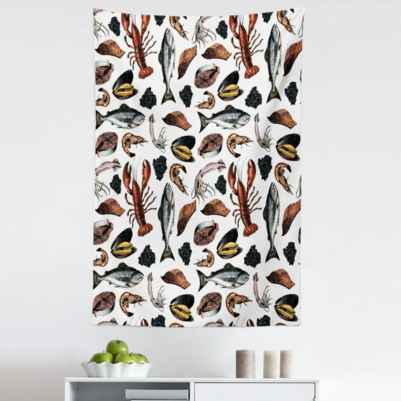 Lobster Tapestry, Vintage Delicious Seafood Elements as Squid Salmon Caviar Fillet Shrimp and Oyster, Fabric Wall Hanging Decor for Bedroom Living Room Dorm, 5 Sizes, Multicolor, by Ambesonne