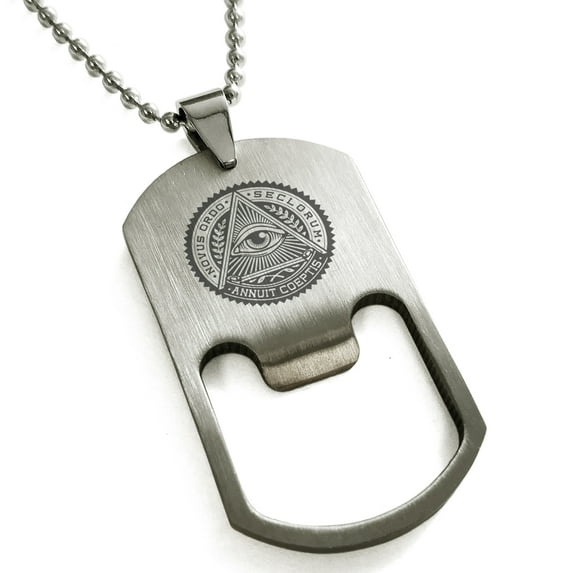 Stainless Steel All Seeing Eye Novus Ordo Seclorum Engraved Bottle Opener Dog Tag Pendant Necklace