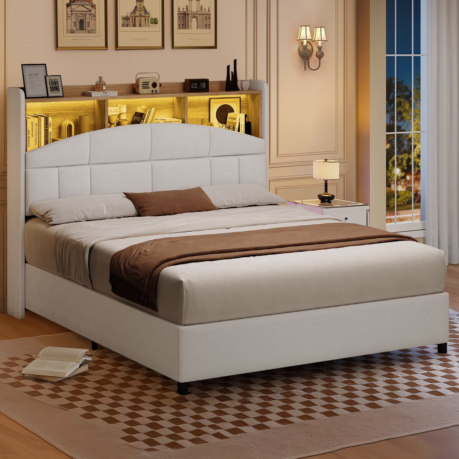 4 EVER WINNER Queen Bed Frame with Storage Headboard, Velvet Upholstered Platform Bed Frame with LED Light, White