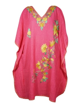 Mogul Women Fuscia Pink Floral Embroidery Caftan Dress V-Neck Kimono Resort Wear Mid Length Cover Up Kaftan Dresses 2XL