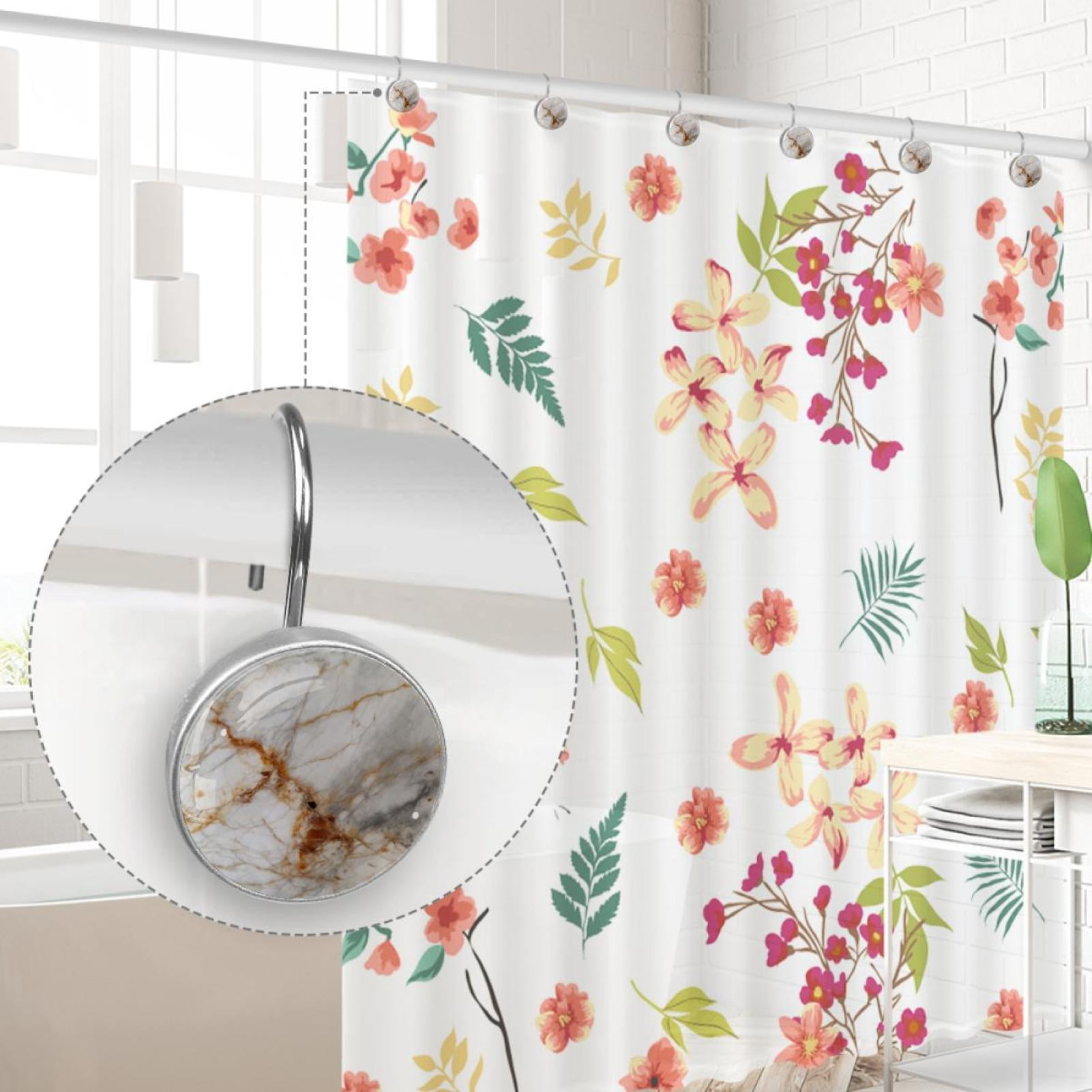 Marble Texture Shower Curtain Hooks （Set of 12） for Home Hotel Shower Rods Bathroom Crystal Glass Print Stainless Steel Round Curtain Hooks