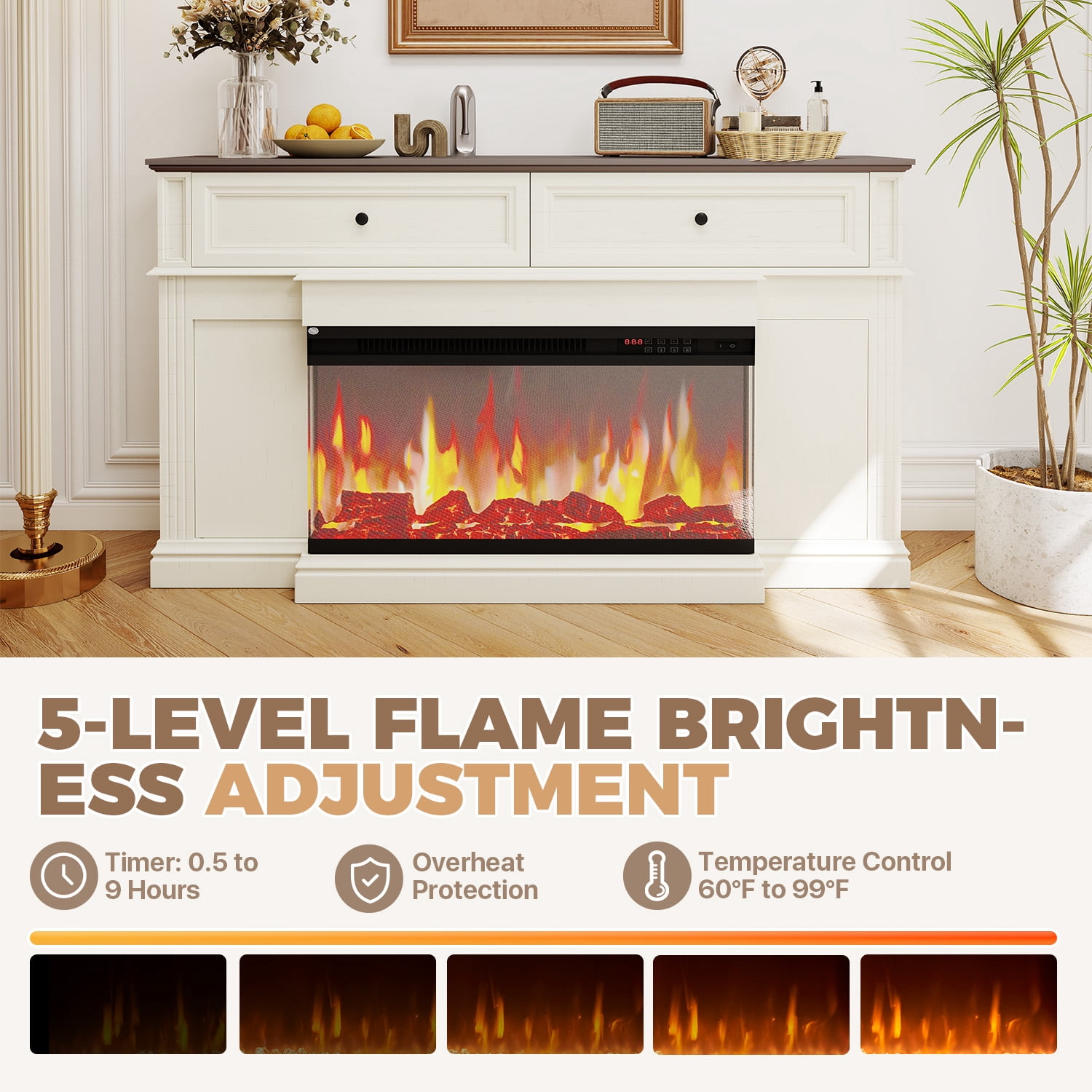 BaPiPro 63" Fireplace TV Stand for TVs up to 70", 36" Triple-Sided Electric Fireplace Entertainment Center, Vintage Farmhouse TV Console for Living Room, White