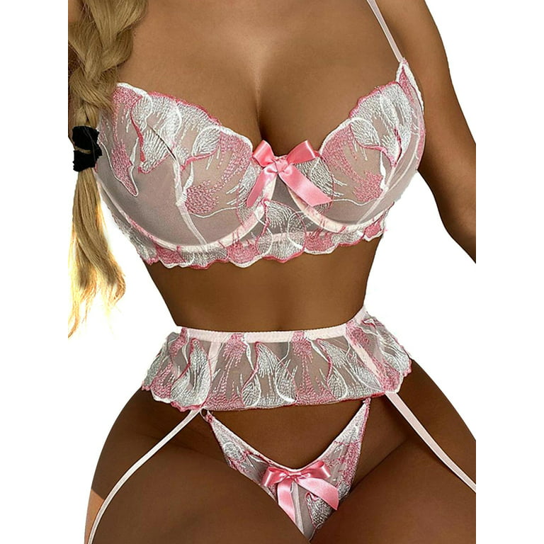 LilyLLL Womens Push Up Bra G-string Suspender Lingerie Set Babydoll  Embroidery Lace Nightwear 