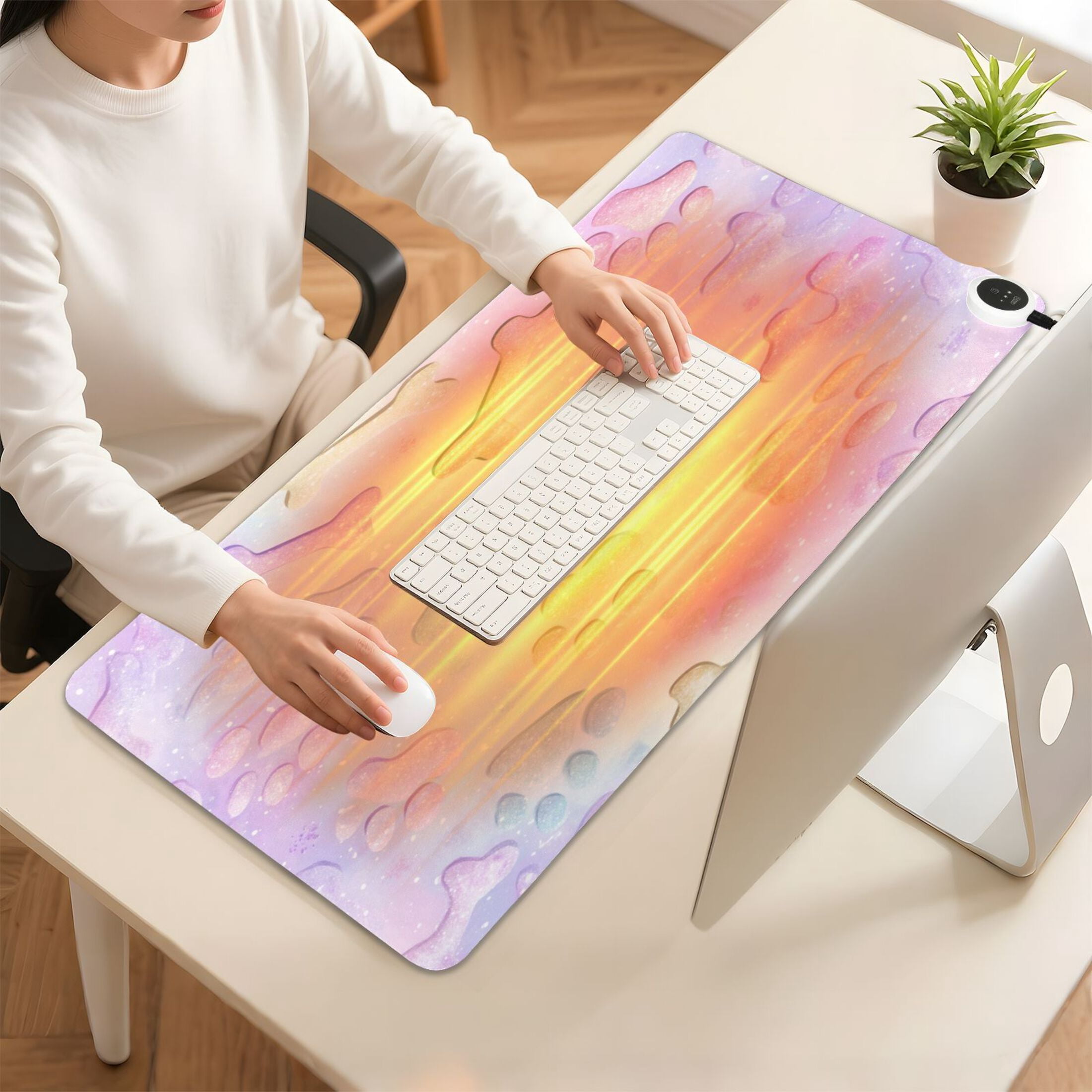 Large Heated Desk Mat Mouse Pad 31.5"x13"PU Leather Graphene Heating Desk Warmer with 3 Temperature Settings 110V US Plug Non-Slip Warm Pad for Home, Office, and Gaming Pastel Dog Bone Print