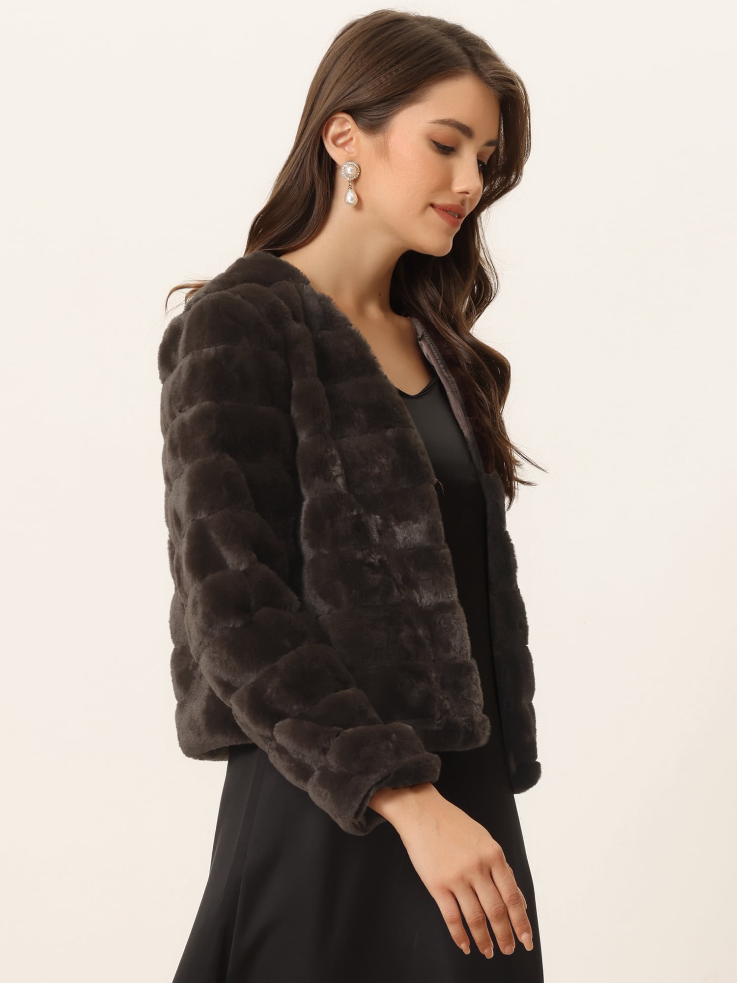 DARING DIVA Women's Long Sleeve Collarless Shaggy Soft Faux Fur Coat L Dark Brown