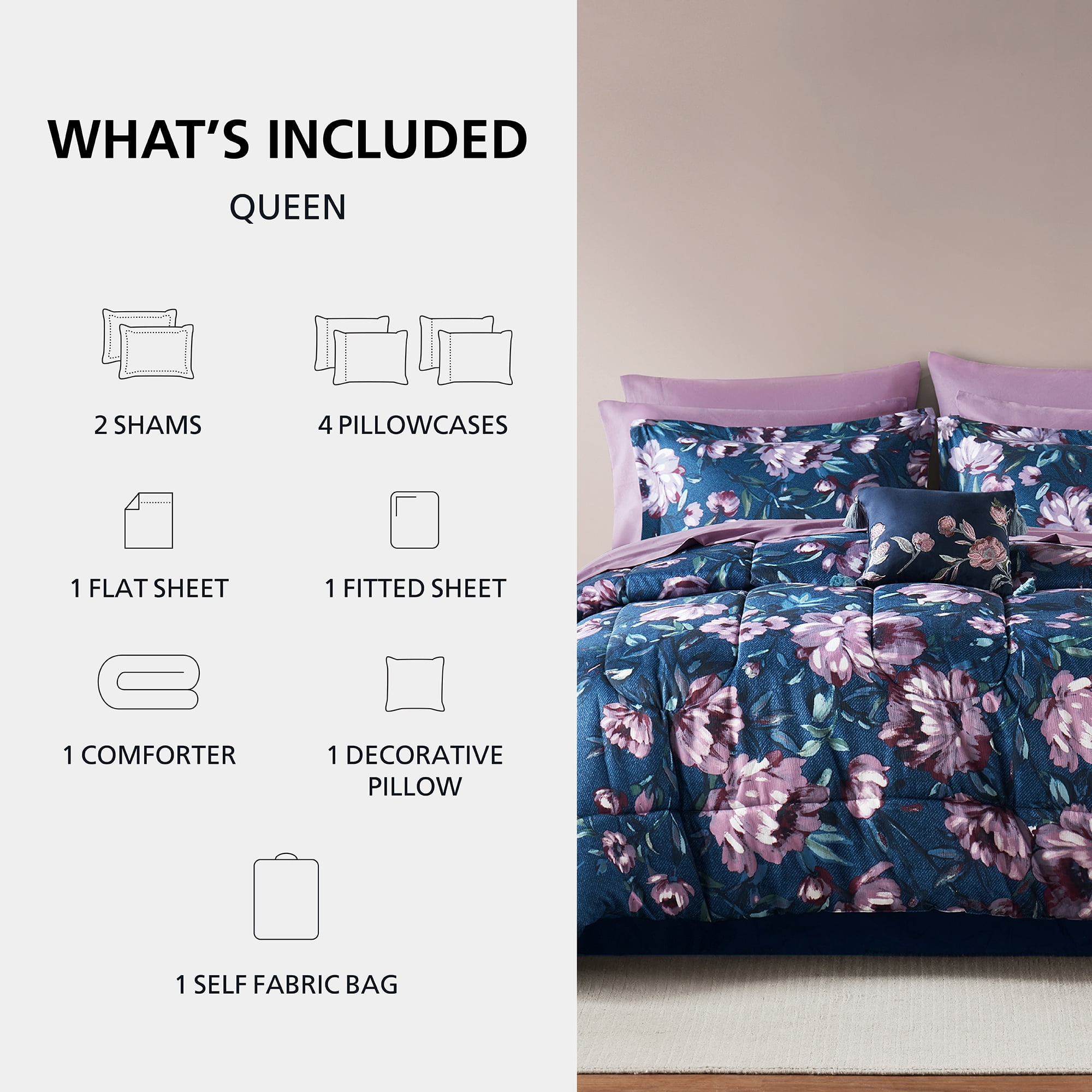 Mainstays All in One Reversible Comforter and Sheet set- 11 Piece, Queen, Navy Floral