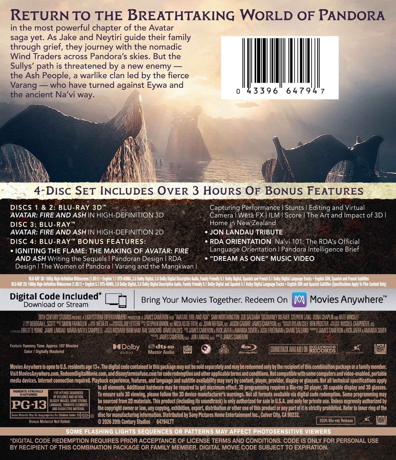 Avatar: Fire And Ash (3D + Blu-ray + Digital Copy) w/ Bonus Disc, 20th Century Studios, Action & Adventure, Fantasy, Sci-Fi