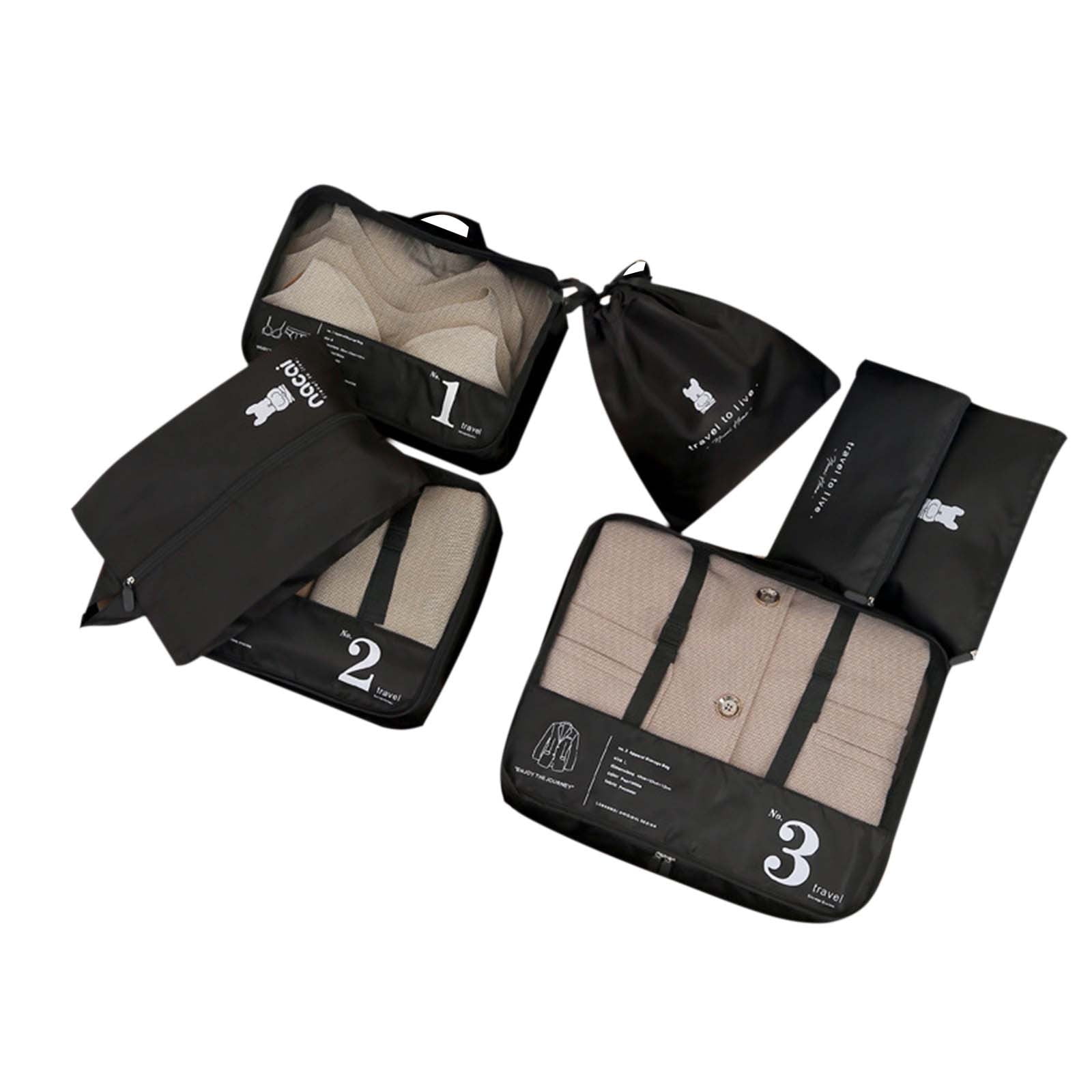 7-Piece Travel Luggage Organizer Set with Laundry Bag, Shoe Bag, Clothing Bags, Lingerie Bag - Black Plastic Packing Cubes for Suitcase Organization, Space-Saving Travel Accessories