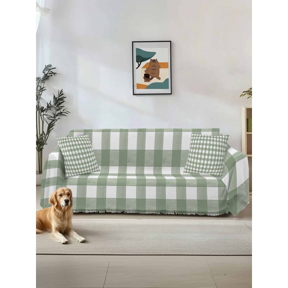 Sage Green Buffalo Plaid Couch Cover for Dogs, Farmhouse Green White Checkered Washable Sofa Covers Slipcover for Pets Dogs Futon Cover, Couch Recliner Covers, Oversized Chair Slipcover 71"x91"
