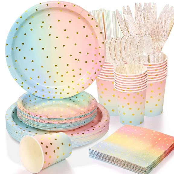 200 Pcs Pastel Party Supplies,Golden Dot AFN1Disposable Paper Set,25 Dinner/Dessert Cups Napkins,Straws,cutlery,forks,spoons,Dinnerware for Birthday Baby Shower Wedding Rainbow Party…
