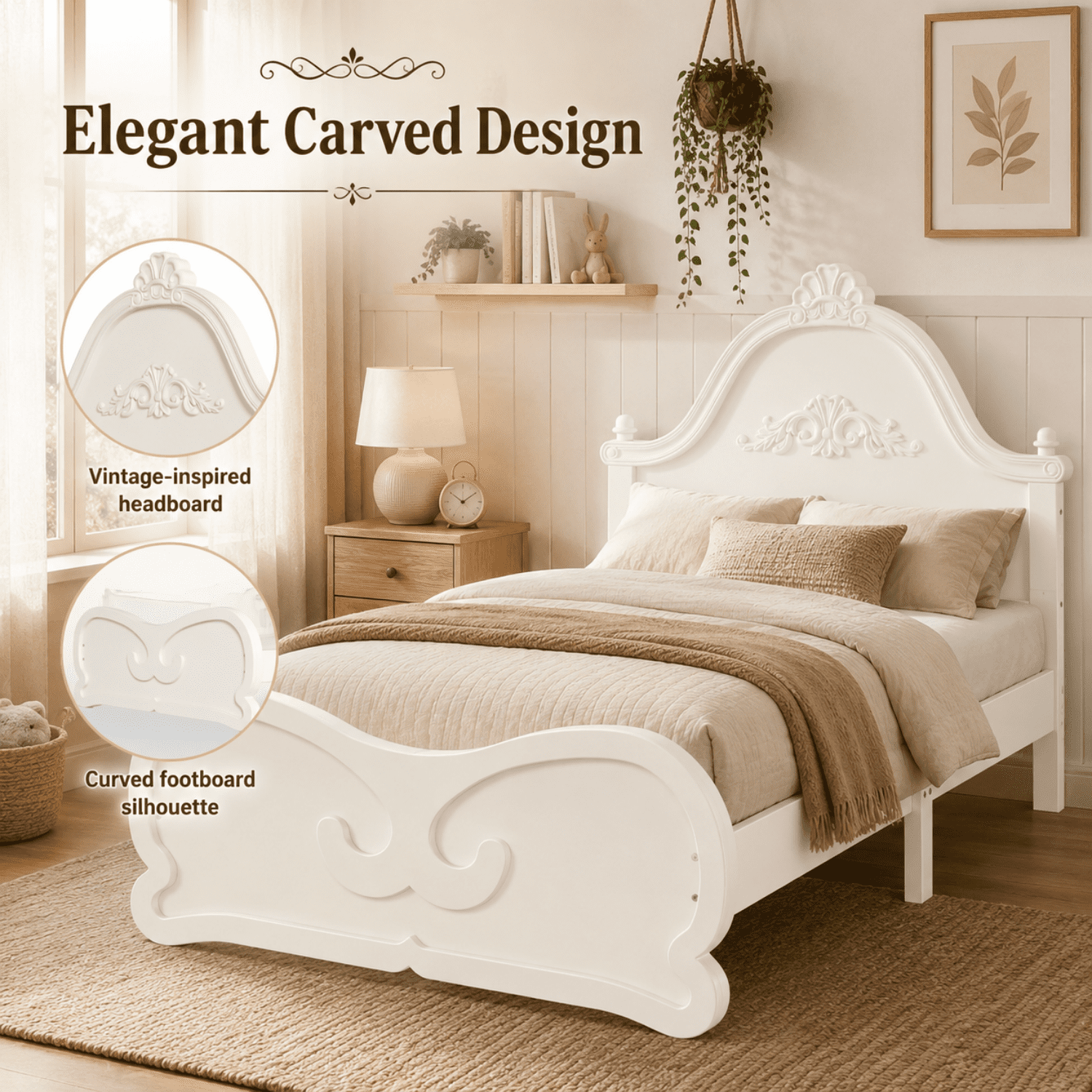 Miniyam Twin Size Kids Platform Bed Frame with Carved Headboard and Footboard, Wood Bed, White