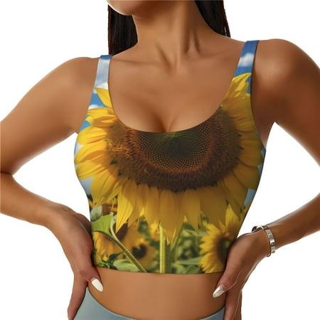 Adobk Sky Golden Sunflower Field Print Sports Bras for Women Longline Workout Crop Tank Tops Padded with Built in Shelf Padded Sports Bra-Small