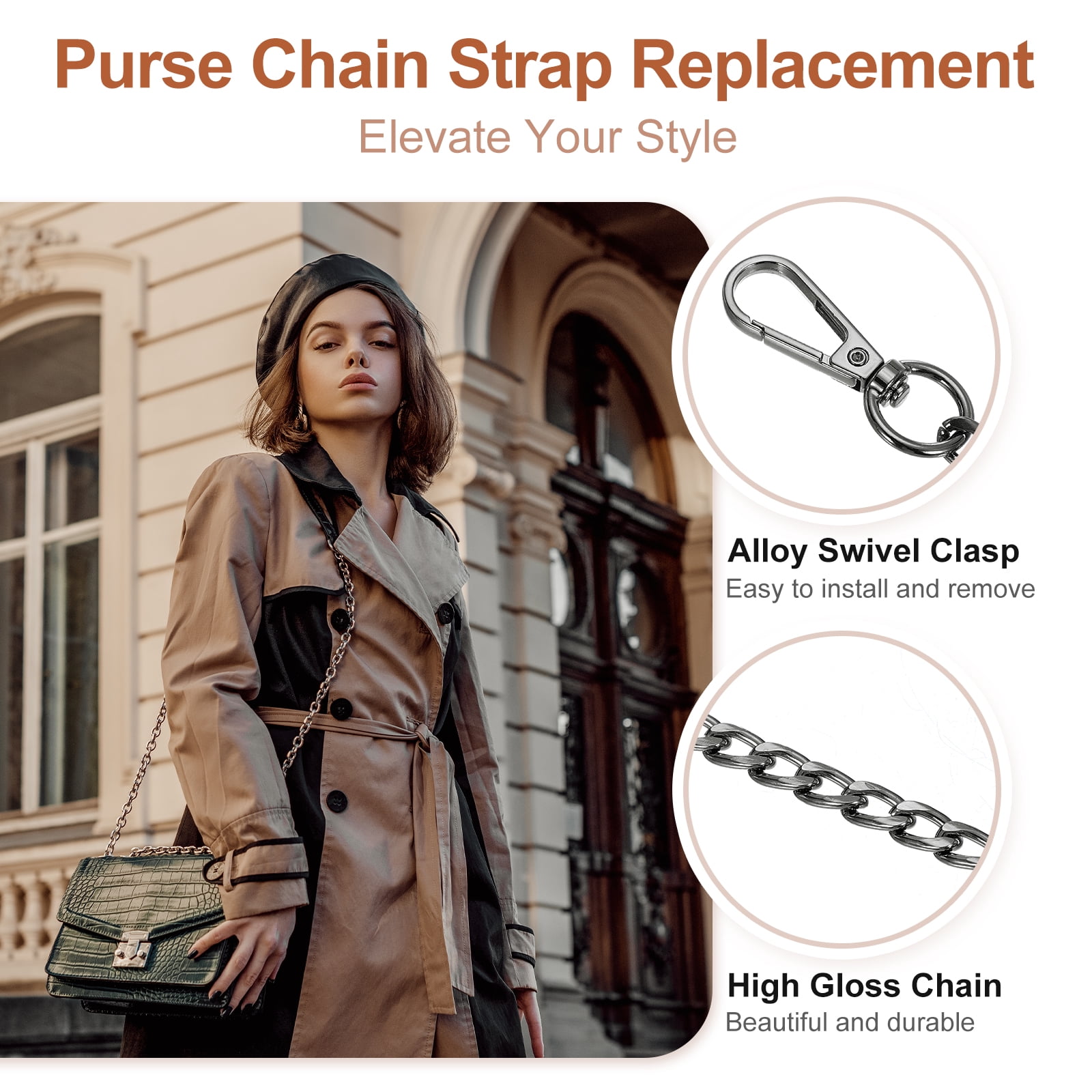 Uxcell Purse Chain Strap Iron Flat Chain Strap Alloy Handles Bag Strap Replacement Black 47"