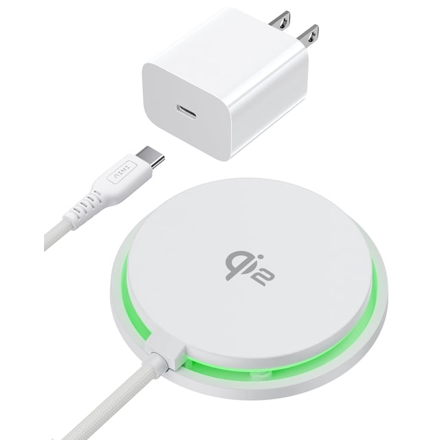 Cargador inalámbrico INIU Magnetic Qi2 15W para iPhone con adaptador, almohadilla de carga magnética circular blanca con logo 'qi2' en el centro, anillo LED verde iluminado, cable USB-C trenzado conectado y adaptador USB-C de pared blanco; también apto para cargar AirPods y accesorios compatibles.