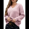 thumbnail image 3 of Suéter de Larga con Cuello en V para Mujer, Suéter Holgado de Punto Grueso de Gran Tamaño. Rosa S, 3 of 8