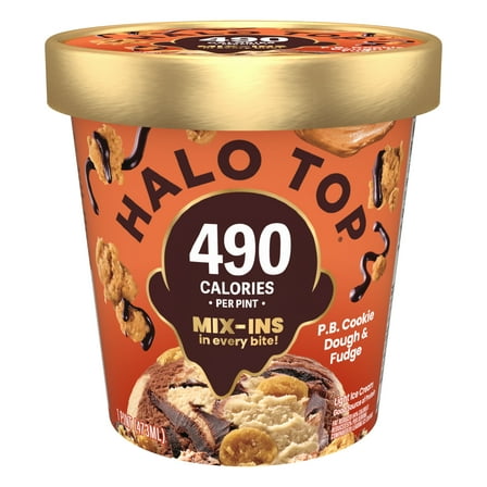 Halo Top Peanut Butter Cookie Dough and Fudge Light Ice Cream, Lower Calorie Frozen Dessert Pint, 16 fl oz