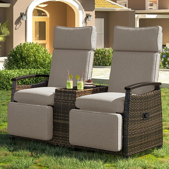 Euroco Patio Recliner Loveseat Chair Adjustable Backrest Wicker Lounge Chair with Acacia Armrests Built‑in Storage Table White