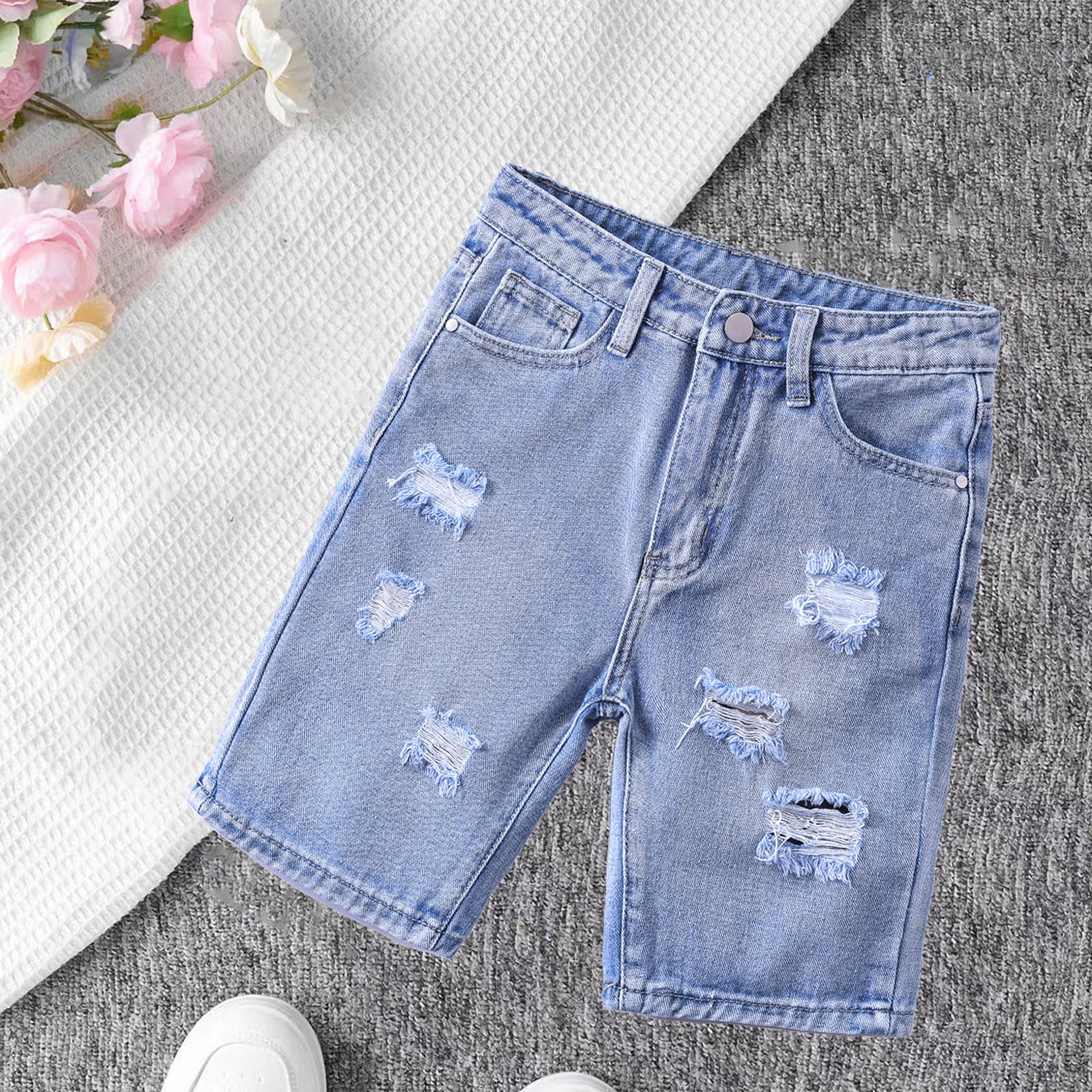 NAISIBABY Boys Denim Shorts Slim Fit Elastic Waist with Pockets Casual Fashion Shorts Sky Blue 5T