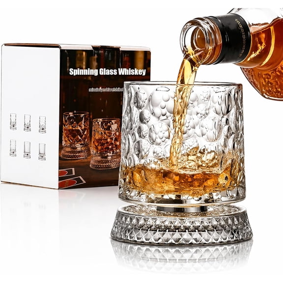 Spinning Glass Whiskey, 360° Rotating Whiskey Glass with Heavy Relief Base, Luxury 360 Spinning Old Fashioned Crystal Whiskey Glass, Hand-Painted Unique Embossed Glass