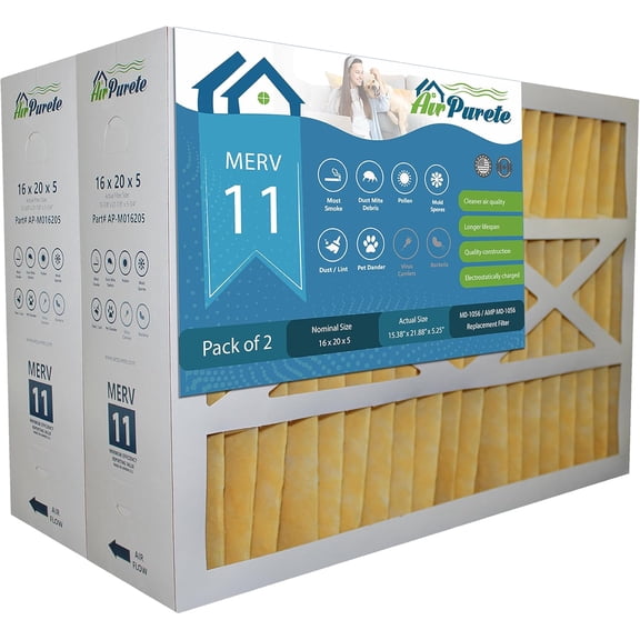 M0-1056 Replacement Filter | AirPurete AP-M016205 | Actual Size 15-3/8" x 21-7/8" x 5-1/4" (16x20x5) | Merv 11 | Pack of 2 | Manufactured in Canada