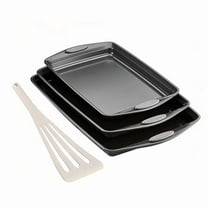 3-Piece Nonstick Kitchen Oven Baking Pans - Premium & Stylish Non-Stick Steel, Commercial Grade Restaurant Quality Metal Bakeware with Orange Silicone Handles - Easy to Clean