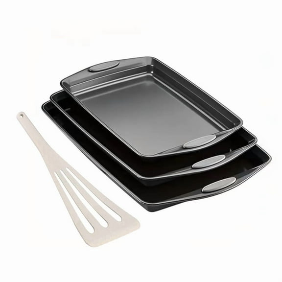 3-Piece Nonstick Kitchen Oven Baking Pans - Premium & Stylish Non-Stick Steel, Commercial Grade Restaurant Quality Metal Bakeware with Orange Silicone Handles - Easy to Clean