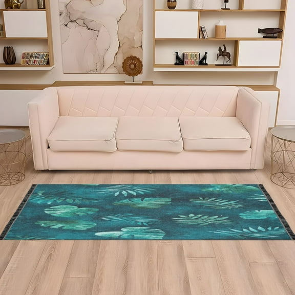 Teal Tropical Leaf Pattern 72x23.5" Bedroom Runner Rug, Durable and Non-Slip for Hallways and Living Rooms