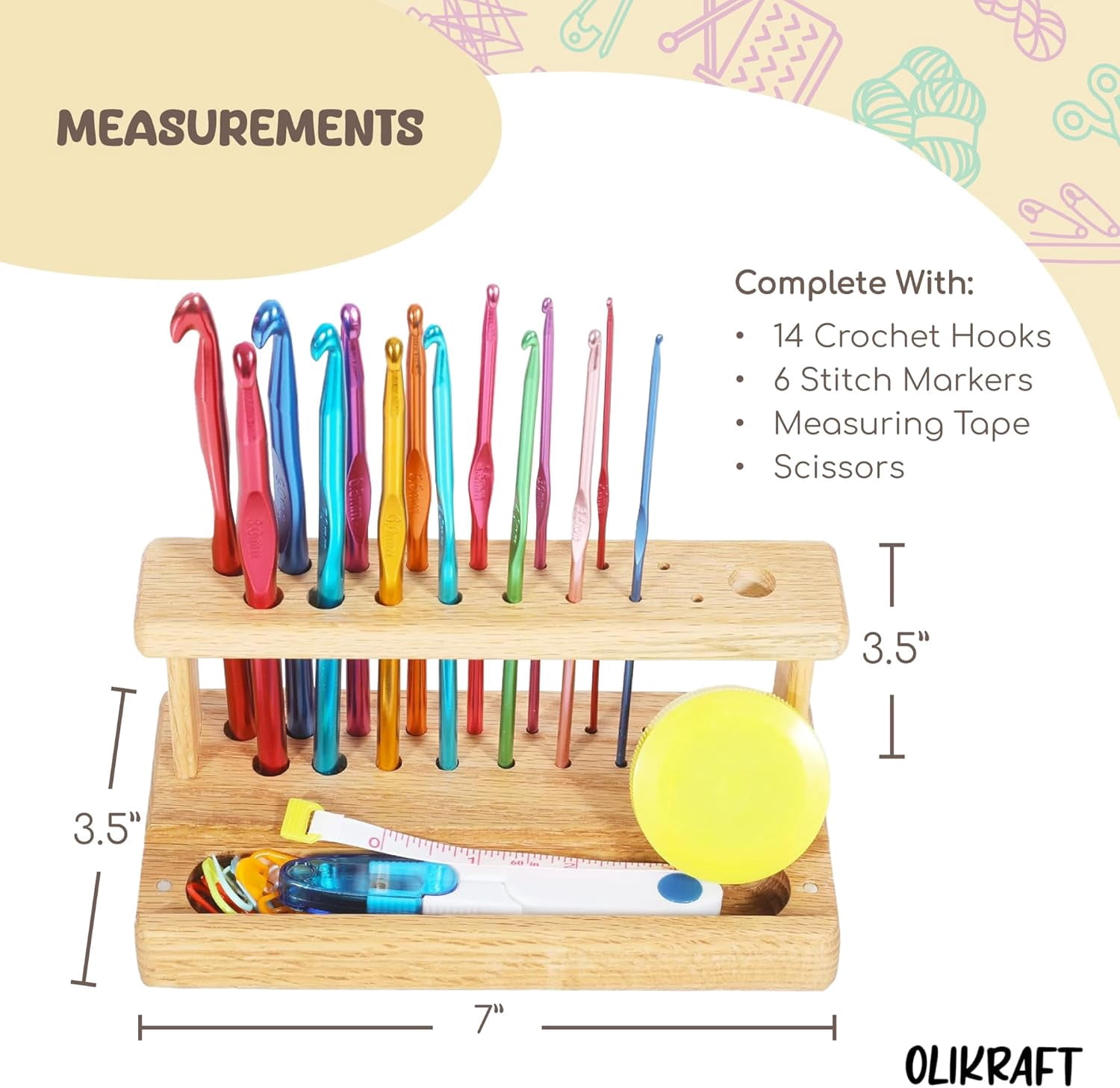 RGHJAR-14-Piece Ergonomic Crochet Hook Set with Wooden Holder - Complete Crochet Needle Kit for Crafting Enthusiasts, Includes Essential Crochet Accessories