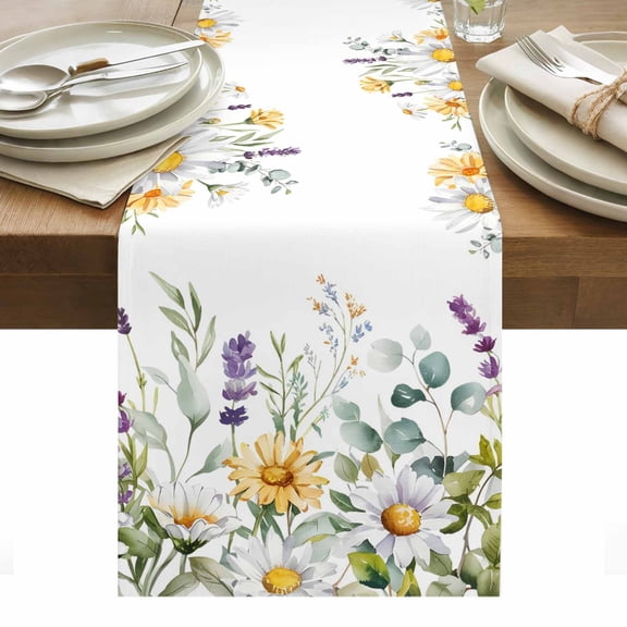 Daisy Wildflowers Table Runner 13 x 70 Inch, Lavender Eucalyptus Leaves Pastoral Plant Washable Cotton Linen Dining Table Runner Tabletop Decorations for Restaurant Home Kitchen Party