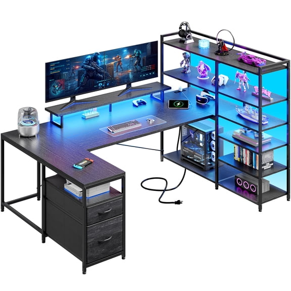 melmine Reversible U-Shaped Gaming Desk with Power Outlet & LED Lights, Computer Desk with 6-Tier Storage Shelves & 2 Fabric Drawers for Home Office, Black