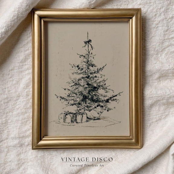 Antique Style Christmas Tree Sketch - Vintage Neutral Holiday Print, Timeless Old World Winter Decor, 16x24 UNFRAMED