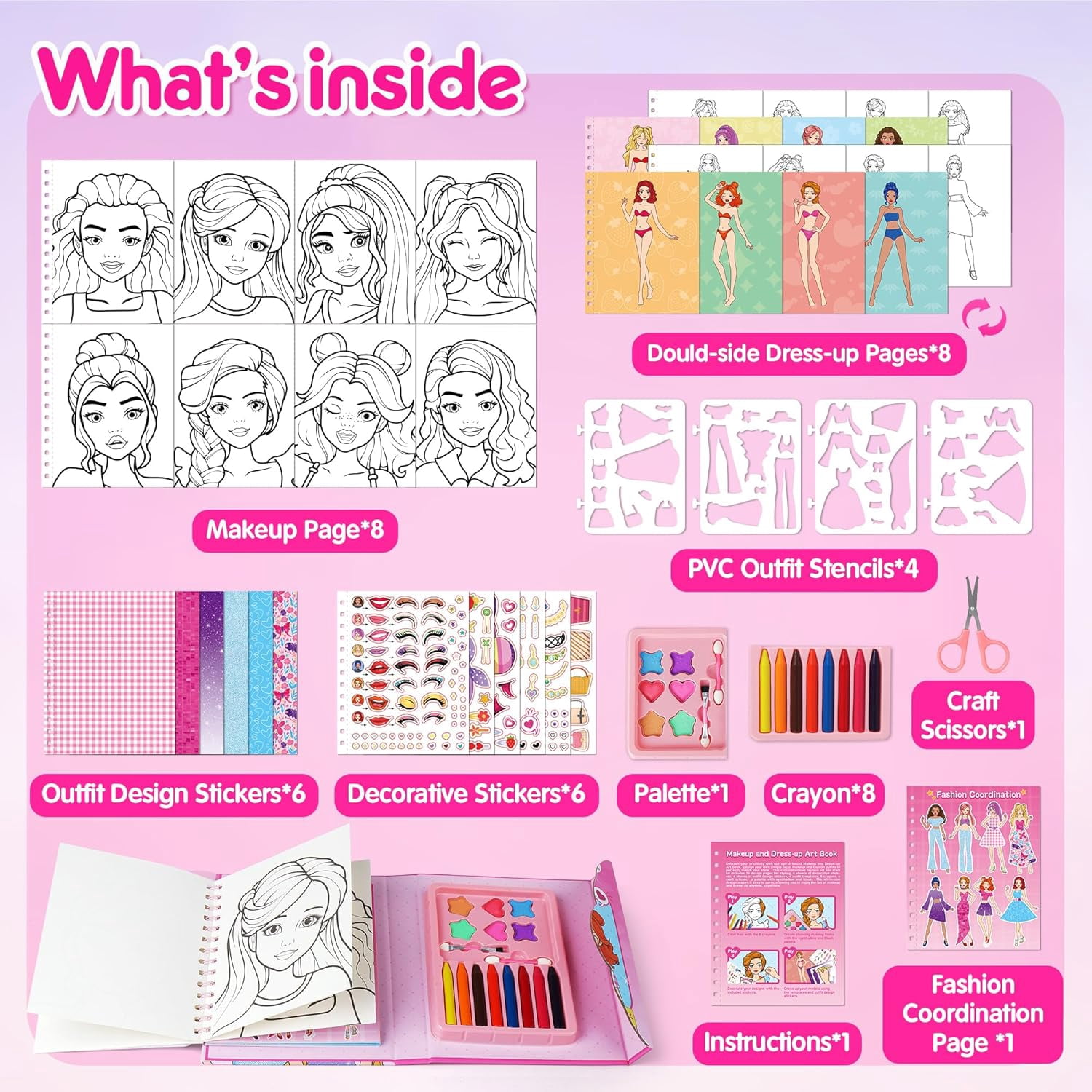 Mocoosy Makeup Craft Kit for Girls Ages 6-8 DIY Makeup Activity Book with Stickers, Mess-Free Dress-Up Art Crafts, Travel Game Car Road Trip Airplane Toy Birthday Gift Ideas for 4 7 9 10 12 Years Old