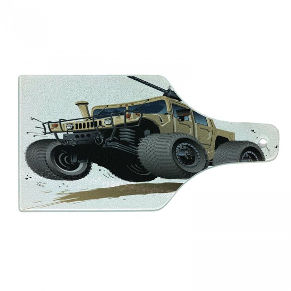 Cars Cutting Board, Worldwide Off Road Famous Safari Rally Truck with Skull Pirate Flag Camouflage Design, Tempered Glass Cutting and Serving Board, Wine Bottle Shape, Grey Brown, by Ambesonne