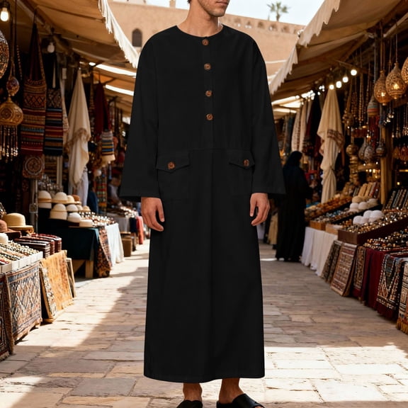 Ceisia Men's Loose Fit Round Neck Buttoned Long Cotton Robe | Casual Home & Outdoor Wear Gifts