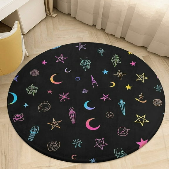 Colorful Stars Clouds And Moon Round Area Rugs for Bedroom Living Room, 3FT Soft Indoor Circle Carpets, Carpet Home Decor Floor Mat