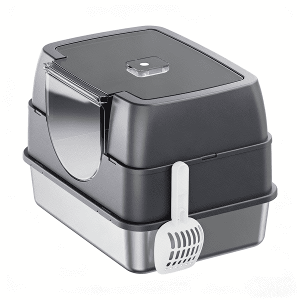 imerelez Enclosed Cat Litter Box with Flip-Top Lid, Stainless Steel Large Covered Litter Box, High Sided Metal Litter Pan with Litter Scoop & Mat, Odor Control, Leak Proof, Easy Cleaning, Grey