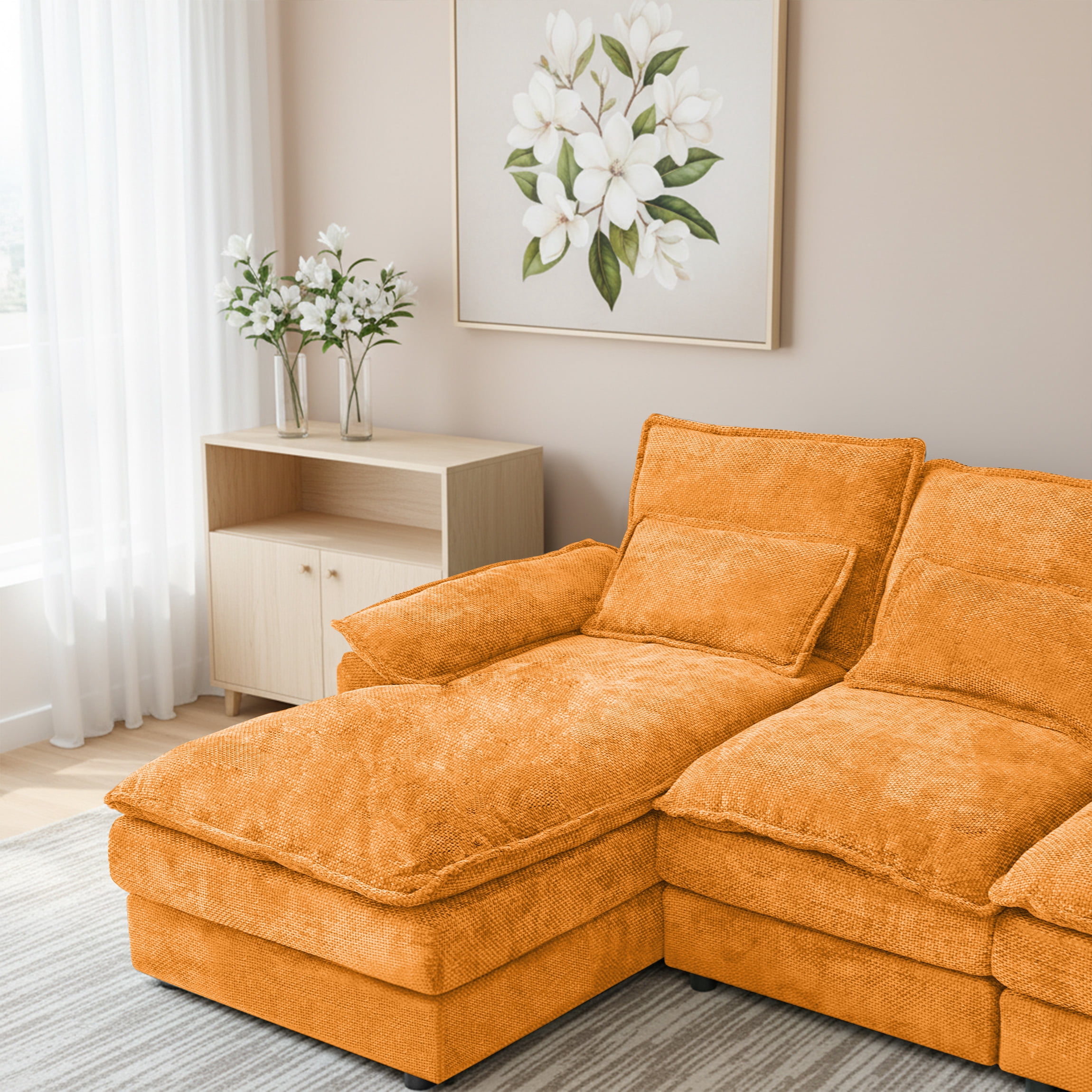 SEENYOO 110.24" U-Shaped Couch, Cloud Modular Sectional Sofa with Chenille Fabric, 4-Seat Comfy Couch for Living Room,Orange